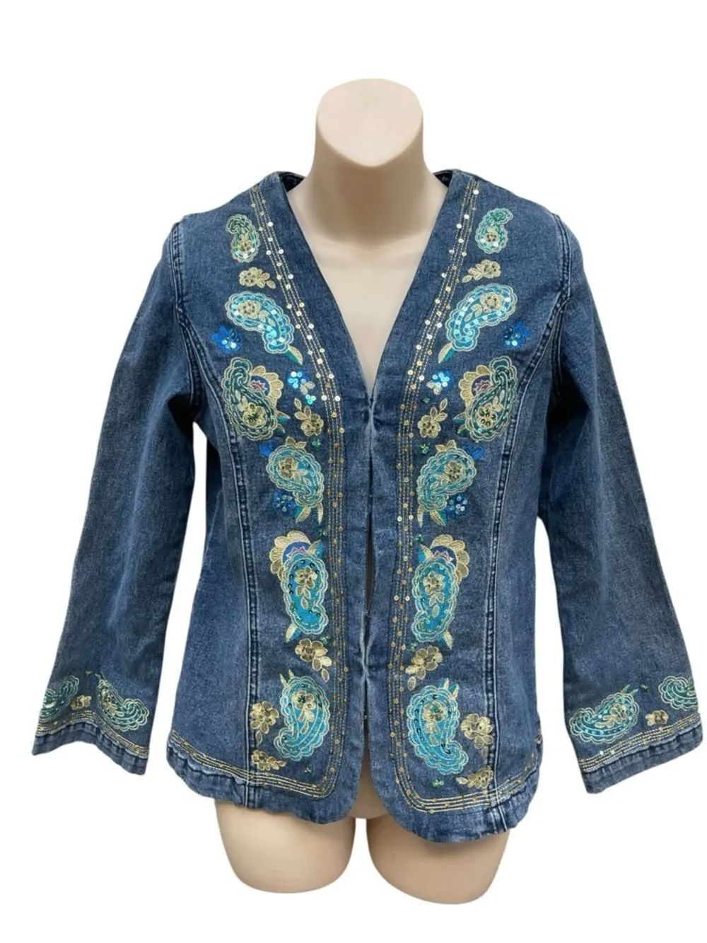 Vintage DG2 by Diane Gilman Embroidered Denim Jacket XS Hook Eye Sequin Boho
